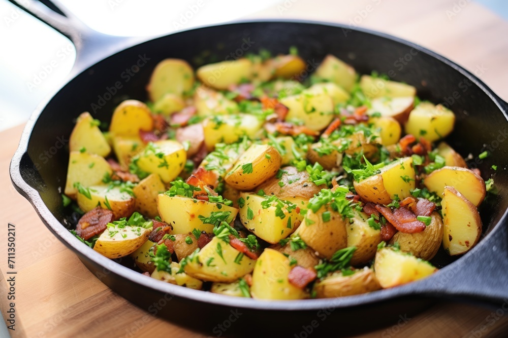 lyonnaise potatoes in a skillet with parsley garnish