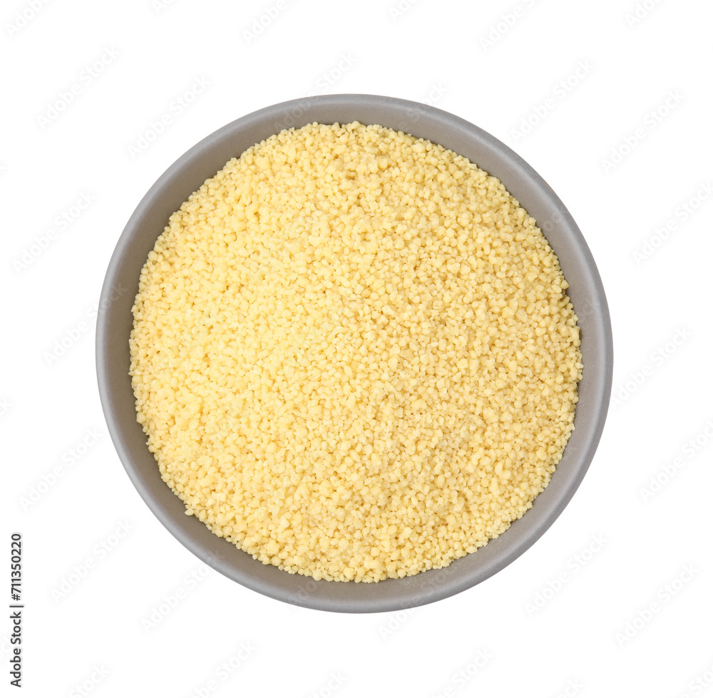 Raw couscous in bowl isolated on white, top view Raw couscous in bowl isolated on white, top view