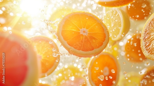 Oranges and lemons levitate in the air against the backdrop of bright sunlight  8K  copy space