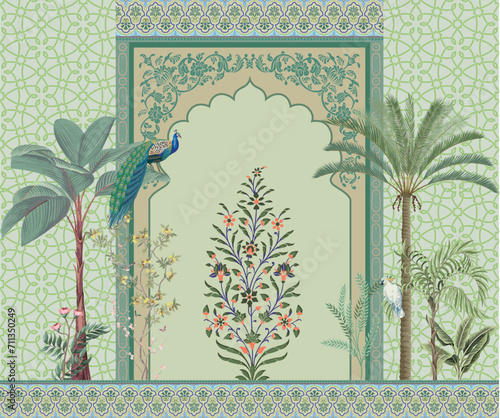 Traditional mughal arch, moroccan border, plants, tree, peacock colorful decorative frame photo