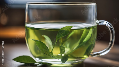 Green tea in a glass, Diet plan and Drink green tea, Fresh green tea with tea leaves in the water, delicious green tea in a beautiful glass bowl on a table