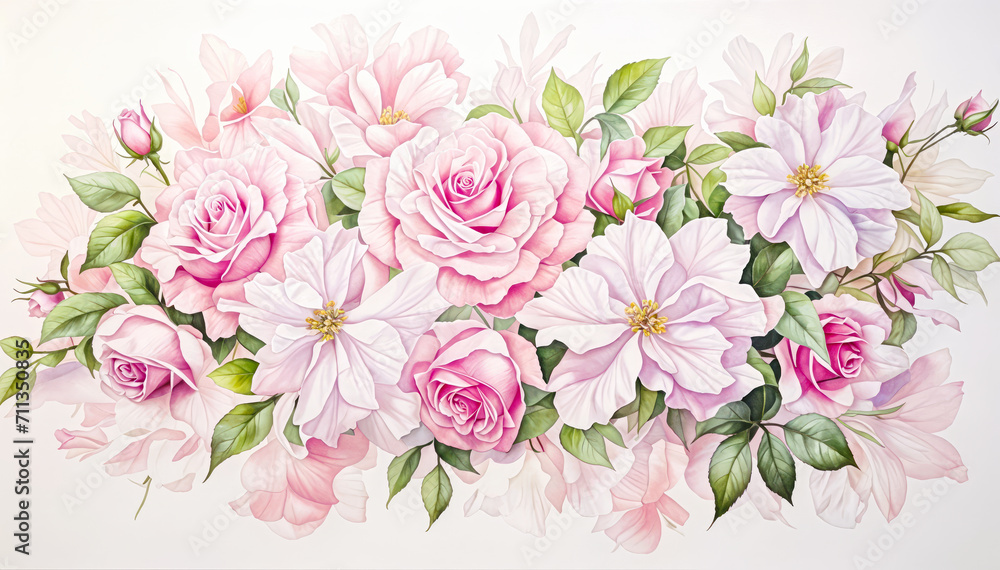 The shades of pink rose and white flower with green leaves painting The shades of pink rose and white flower with green leaves painting