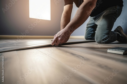 Improvement homeowner installing floor. Handyman home renovation working process. Generate ai