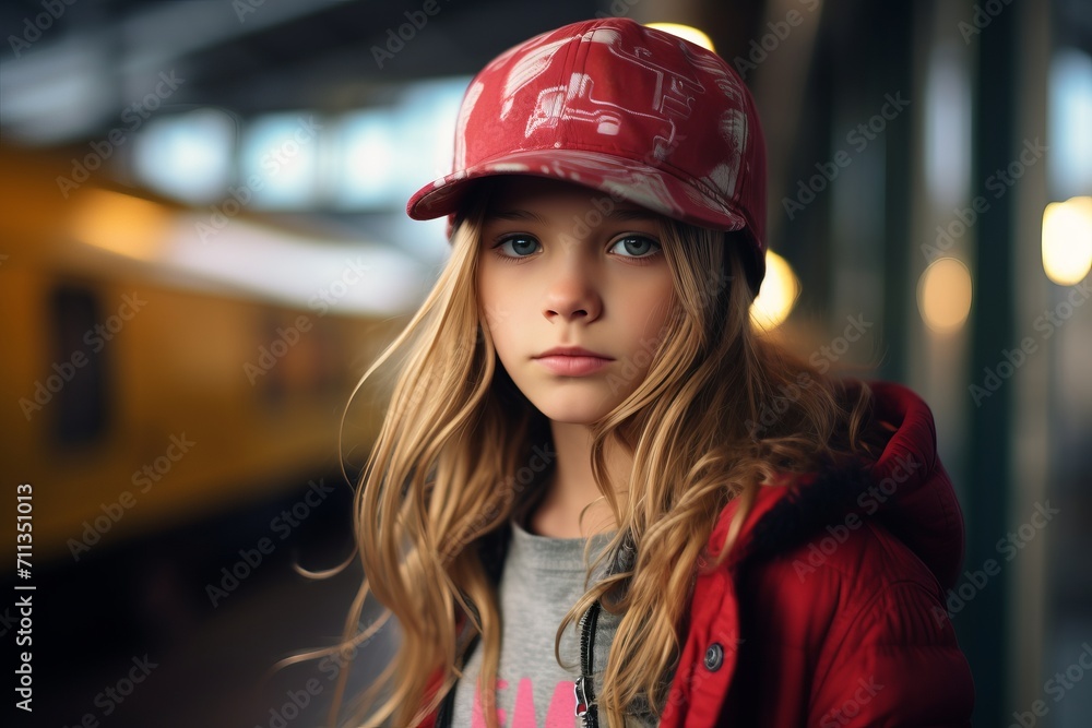Portrait of a beautiful little girl with long blond hair in a red baseball cap on the train station. Portrait of a beautiful little girl with long blond hair in a red baseball cap on the train station.