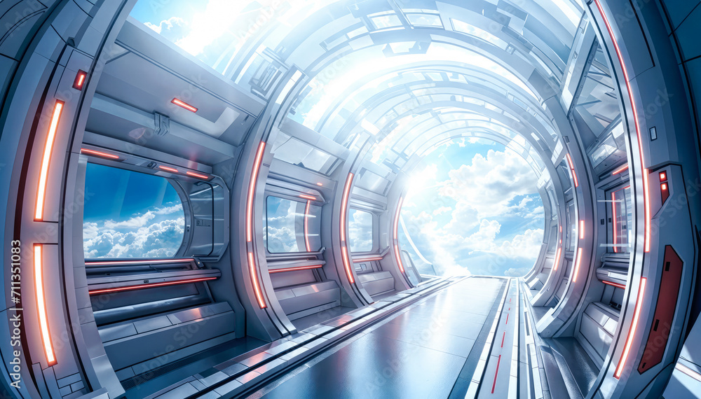 A futuristic tunnel with a bright white light A futuristic tunnel with a bright white light