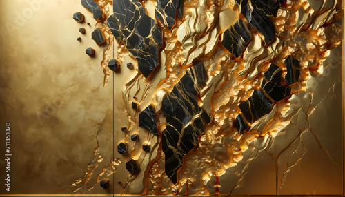 Pared de Background o Fondo de Lujo - Piedra Negra con Veteados Dorados de Oro Macizo y Toque Metálico - Símbolo de Riqueza y Abundancia photo