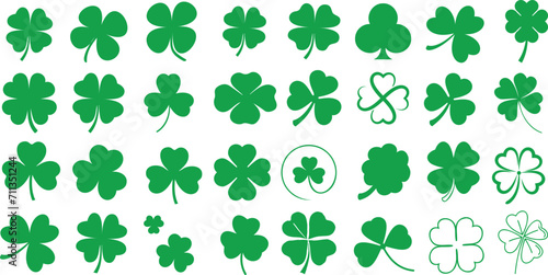 Clover leaf, St. Patrick’s Day, vibrant green pattern, ideal for wallpapers, backgrounds, design elements. Various shapes, sizes, isolated on white photo
