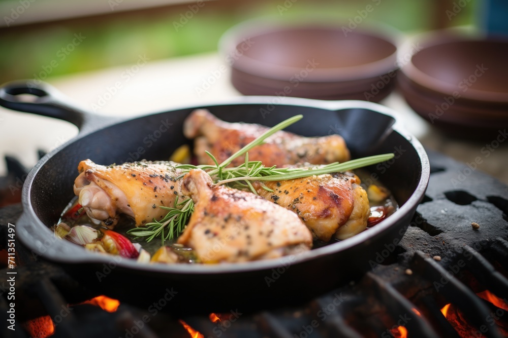 chicken on a cast iron grill pan with thyme chicken on a cast iron grill pan with thyme