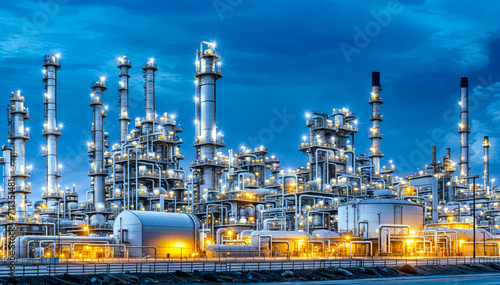 Nighttime View of Illuminated Petrochemical Plant with Smoke Stacks Against Sky