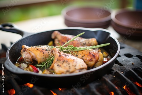 chicken on a cast iron grill pan with thyme