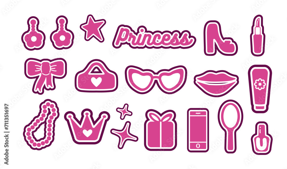 Popular pink collection for girls. heart, shoe, star, lipstick, glass, crown. logo, sticker, individual elements on a white background. for print, banner, postcard. vector art illustration.