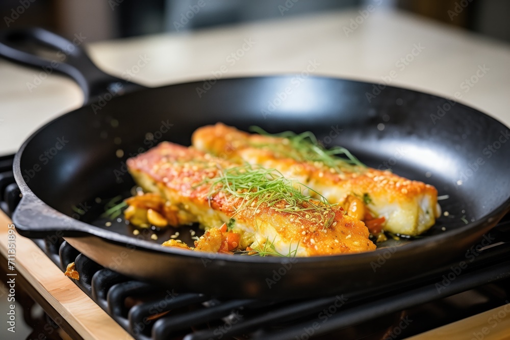close-up of halloumi in a non-stick pan with golden crust close-up of halloumi in a non-stick pan with golden crust