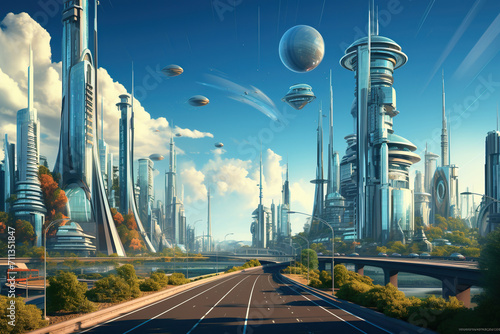 Fantastic modern city on another planet. Panorama of the city. Generated by artificial intelligence