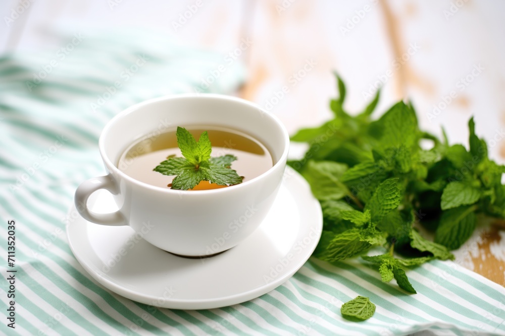 peppermint tea in cup with fresh mint bundle, white cloth peppermint tea in cup with fresh mint bundle, white cloth