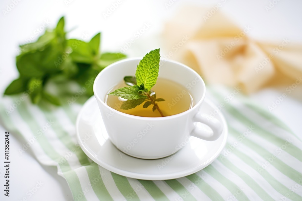 peppermint tea in cup with fresh mint bundle, white cloth