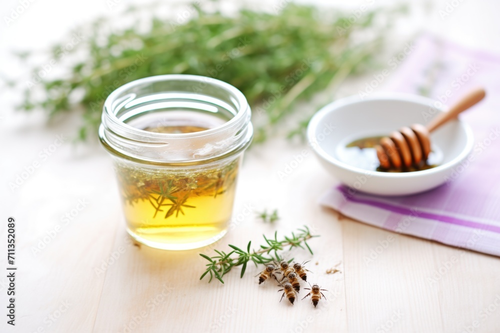 thyme sprigs next to thyme tea in transparent mug thyme sprigs next to thyme tea in transparent mug