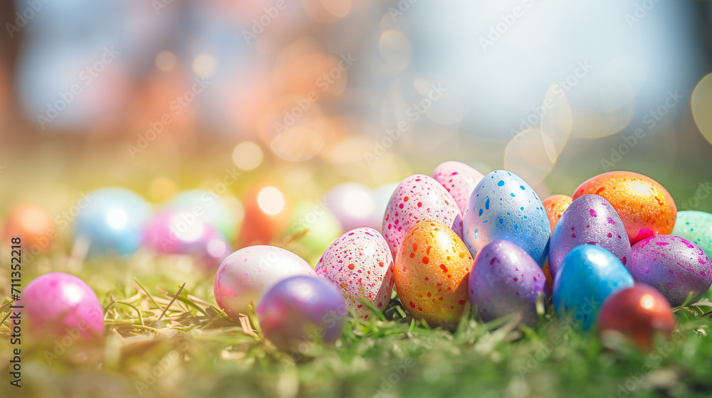 Easter - painted easter eggs on the grass, sunlit, copy space 