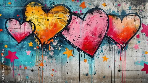 Bright modern graffiti with hearts on a concrete wall, Valentine's day street art background, AI generated