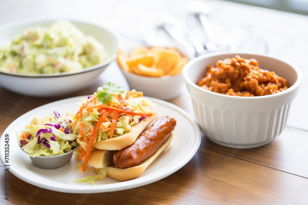 hot dog meal with baked beans and coleslaw sides