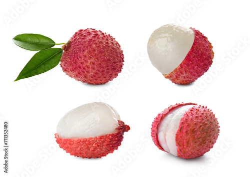 Fresh lychees isolated on white, collection. Tropical fruit