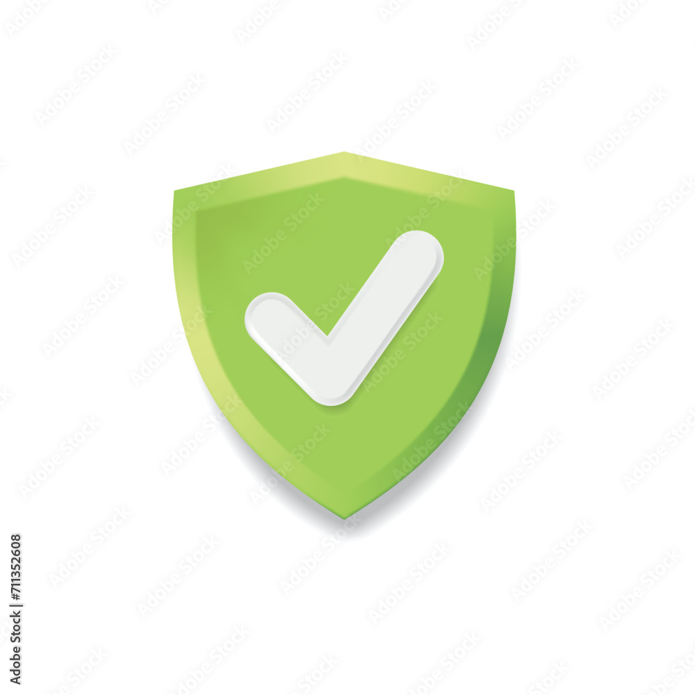 Vector of green shield in 3D, with a white check mark on the front. Vector of green shield in 3D, with a white check mark on the front.