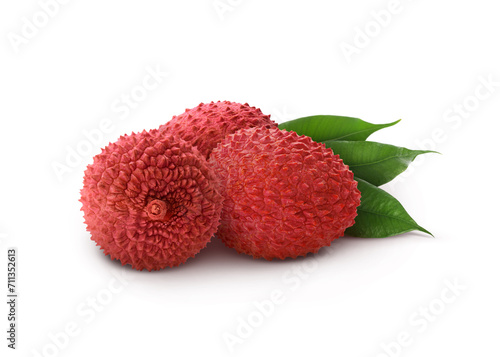 Fresh lychees and green leaves isolated on white