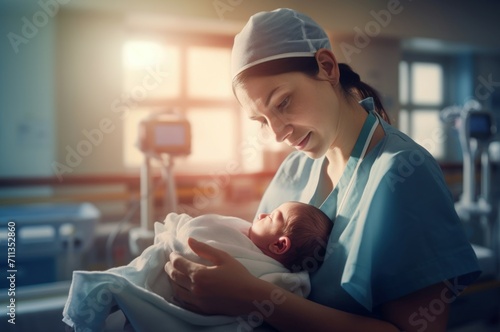 Nurse cradling infant in hospital room. Clinic medical worker taking care of newborn baby. Generate ai