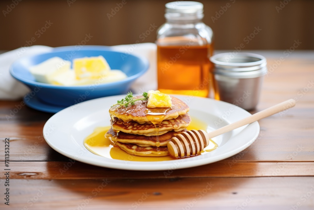pancakes with syrup and a pad of butter on top pancakes with syrup and a pad of butter on top
