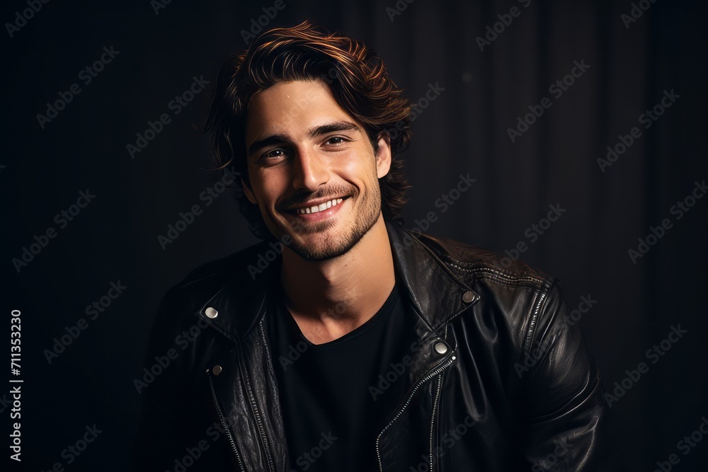 Portrait of a handsome young man in a leather jacket. Men's beauty, fashion. Portrait of a handsome young man in a leather jacket. Men's beauty, fashion.