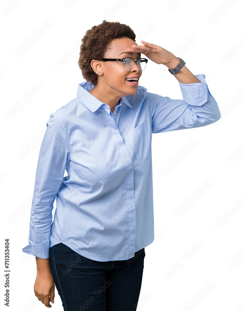 Young beautiful african american business woman over isolated background very happy and smiling looking far away with hand over head. Searching concept. Young beautiful african american business woman over isolated background very happy and smiling looking far away with hand over head. Searching concept.