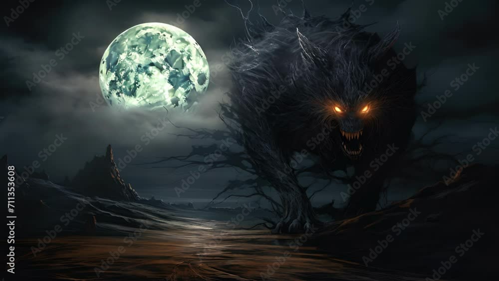 The silhouette of a monstrous creature crawls across a barren landscape its cavernous eyes shimmering in the moonlight. The silhouette of a monstrous creature crawls across a barren landscape its cavernous eyes shimmering in the moonlight.