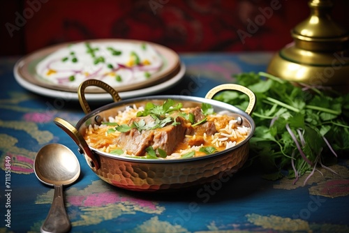 lamb korma in a copper serving dish, rice on copper plate nearby photo