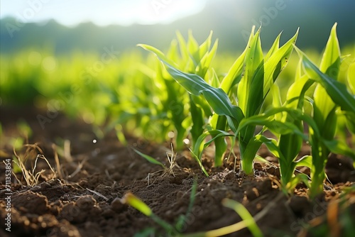 Lush fresh corn sprouts harvest thriving on modern sustainable agricultural farm plantation photo
