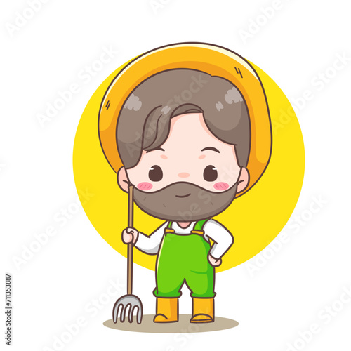 Cute farmer holding pitchfork cartoon vector. Farming and agriculture concept design. Chibi style illustration. Isolated white background. Icon logo mascot