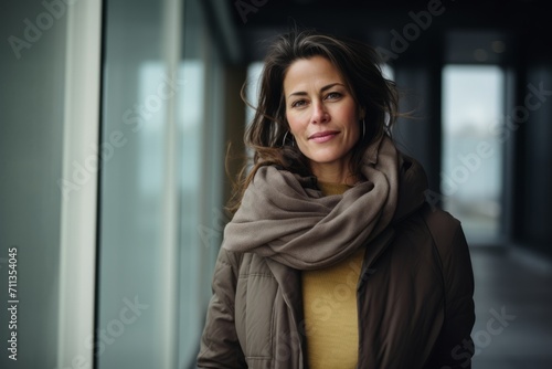 Portrait of a beautiful middle aged woman in winter coat and scarf