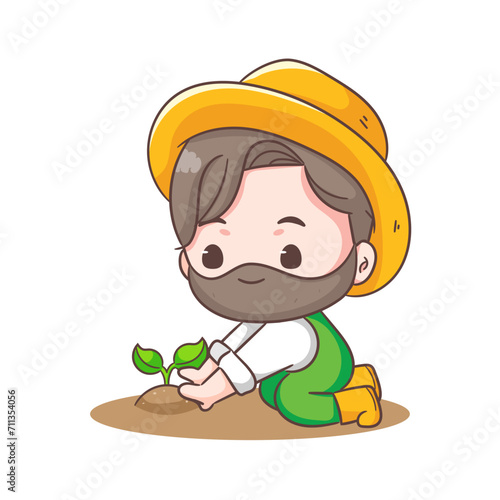 Cute farmer planting cartoon vector. Farming and agriculture concept design. Chibi style illustration. Isolated white background. Icon logo mascot