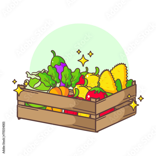 Vegetables in the basket cartoon vector illustration. Fresh organic food from local market. Isolated on white background. 