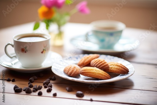 madeleines with chocolate chips served with a cup of coffee photo