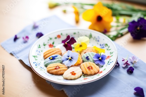 colorful madeleines with edible flowers decor
