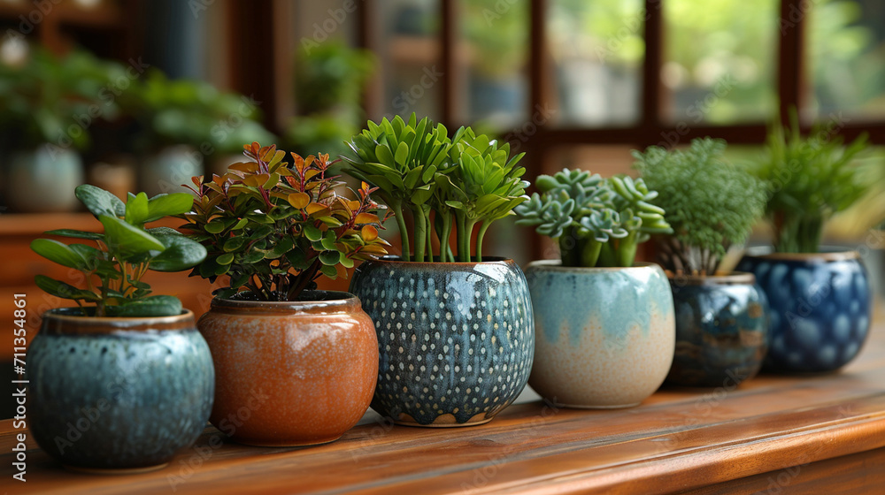 Fototapeta premium An elegant indoor setting adorned with ornamental plants in stylish ceramic pots, each plant showcasing unique foliage patterns and colors, creating a sophisticated and visually pl