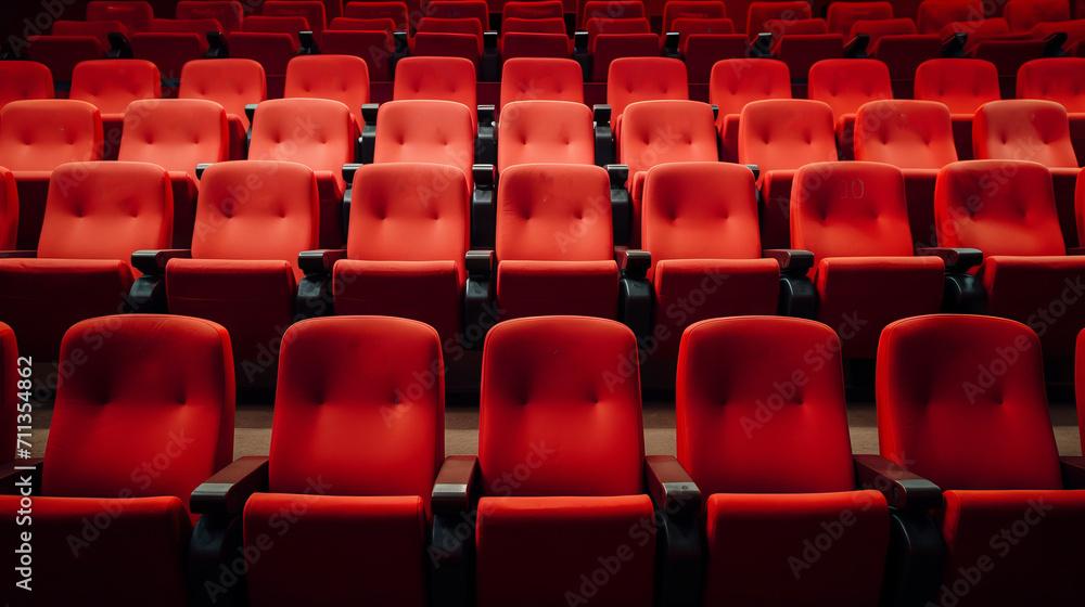 Naklejka premium Rows of empty comfortable red chairs in the cinema, theater.
