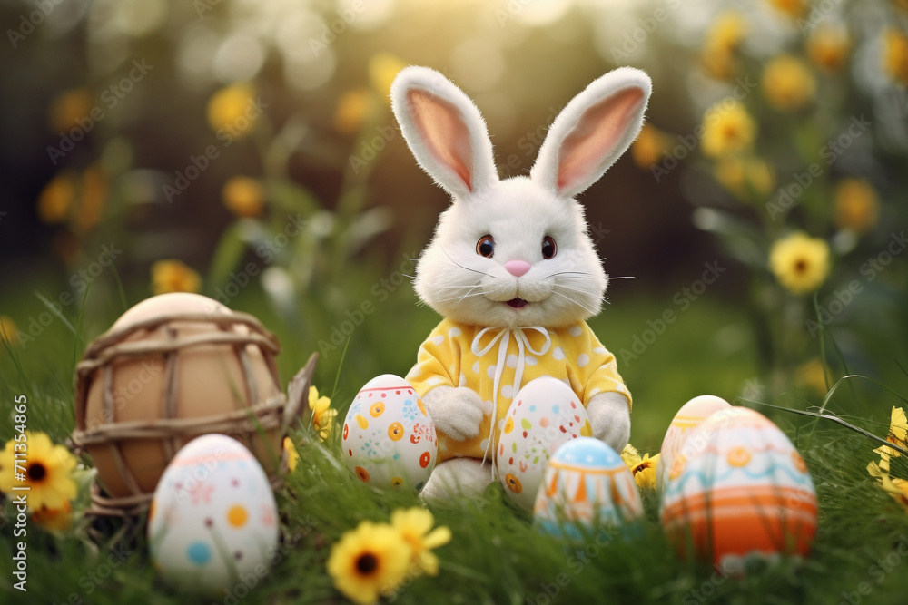 Cute adorable Easter bunny in meadow with painted Easter eggs. Generative AI
