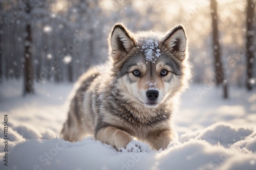 The little dark wolf in winter forest. AI Generated.