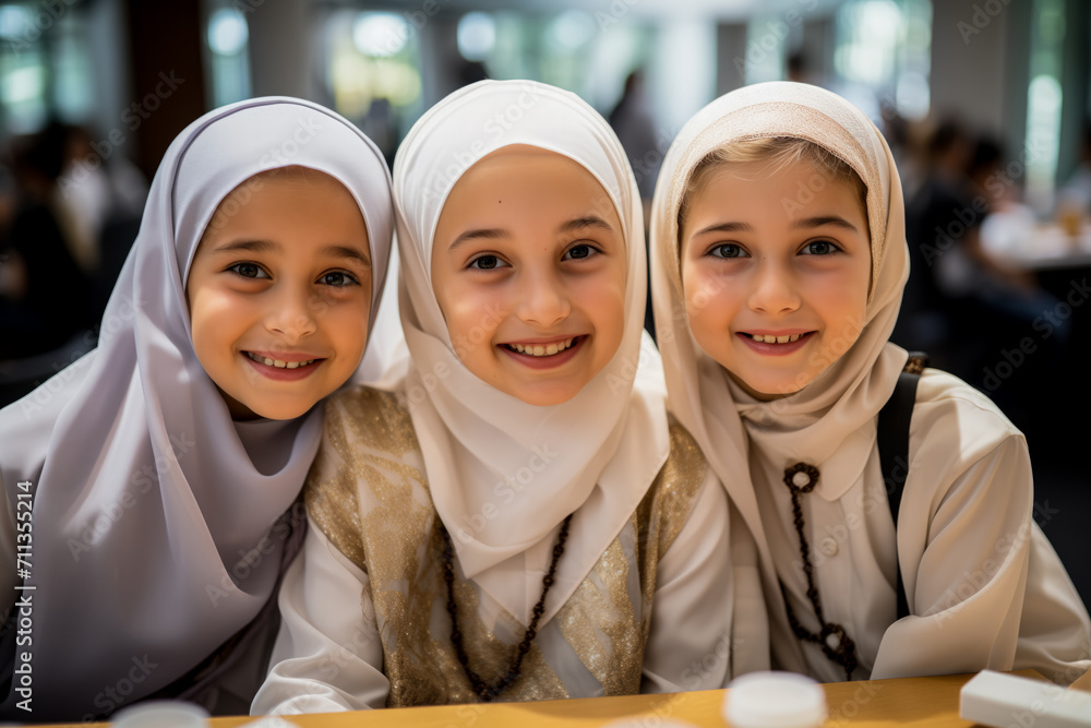 Three young girls wearing hijabs at Eid Al-Fitr Celebrations, smiling together at a social gathering, potentially celebrating a cultural or religious event Three young girls wearing hijabs at Eid Al-Fitr Celebrations, smiling together at a social gathering, potentially celebrating a cultural or religious event
