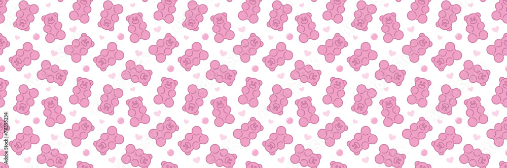 Pink gummy jelly bears, vector seamless pattern. Cartoon illustration in white background