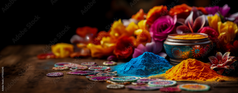 Colorful Holi festival setup with vibrant powder piles, traditional decorations, and vivid flowers on a rustic wooden surface