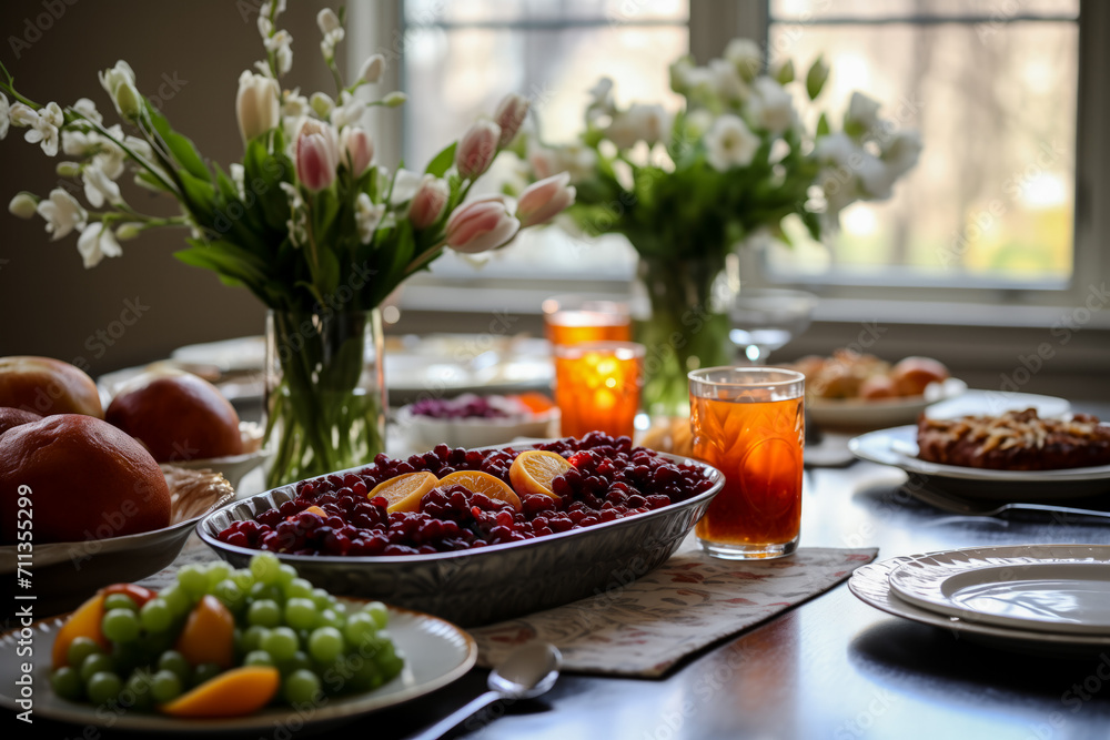 Elegant holiday table setting with fresh fruit, flowers, and pastries, suggesting a springtime celebration like Easter or Persian New Year Elegant holiday table setting with fresh fruit, flowers, and pastries, suggesting a springtime celebration like Easter or Persian New Year