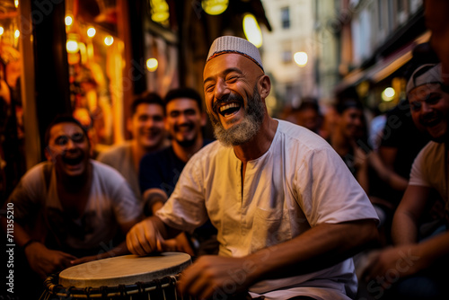 A joyous man playing a drum surrounded by laughing friends in a vibrant street setting, exuding a sense of cultural celebration of Ramadan