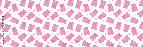 Pink gummy jelly bears, vector seamless pattern. Cartoon illustration in white background