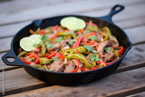 sizzling fajitas with peppers and onions on a cast iron pan